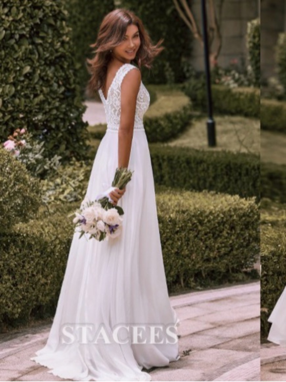 A-line V Neck Chiffon Wedding Dress with Lace